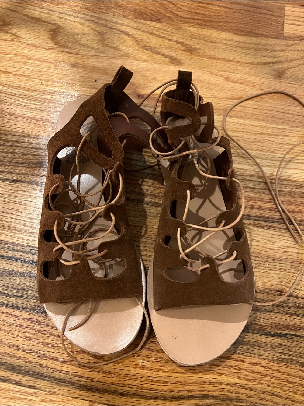 Ancient Greek. Women's Brown Suede Lace-Up Sandals